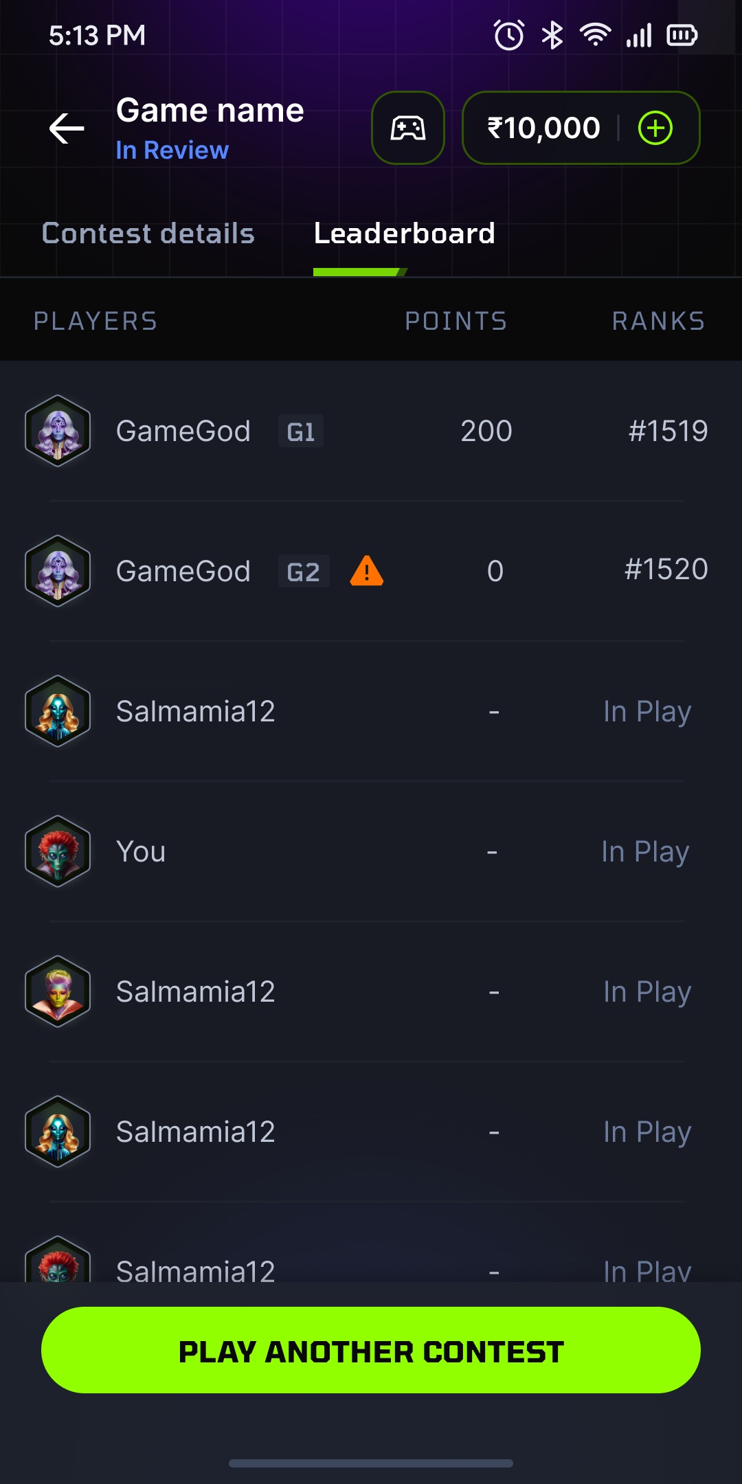 An in-review leaderboard: finished games carry points and a rank, games still running are marked In Play