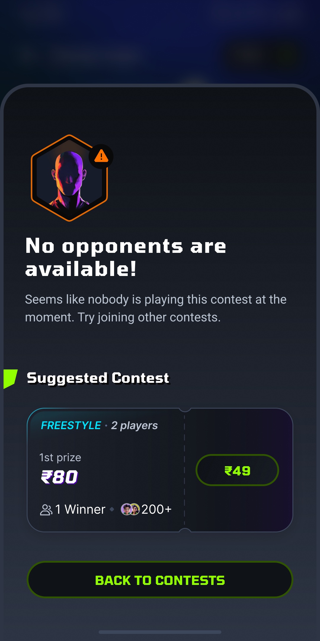 The no opponents available state, offering a suggested contest and a way back to the list