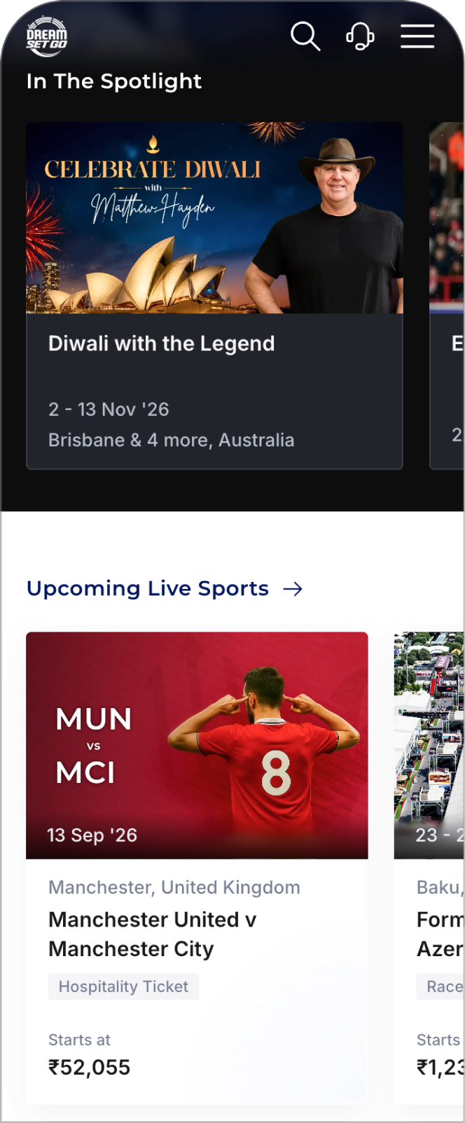 The DreamSetGo home page on a phone