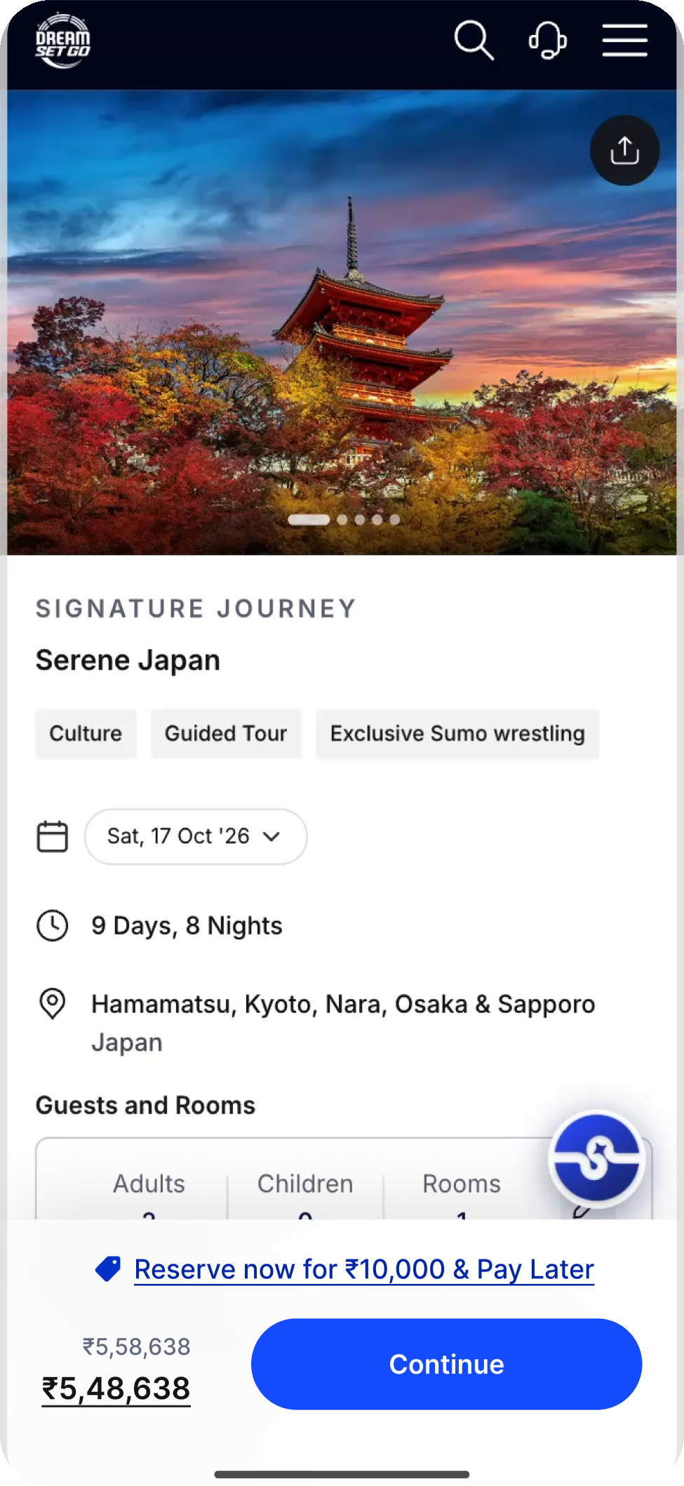 The holidays product page on mobile, with the reserve now and pay later footer
