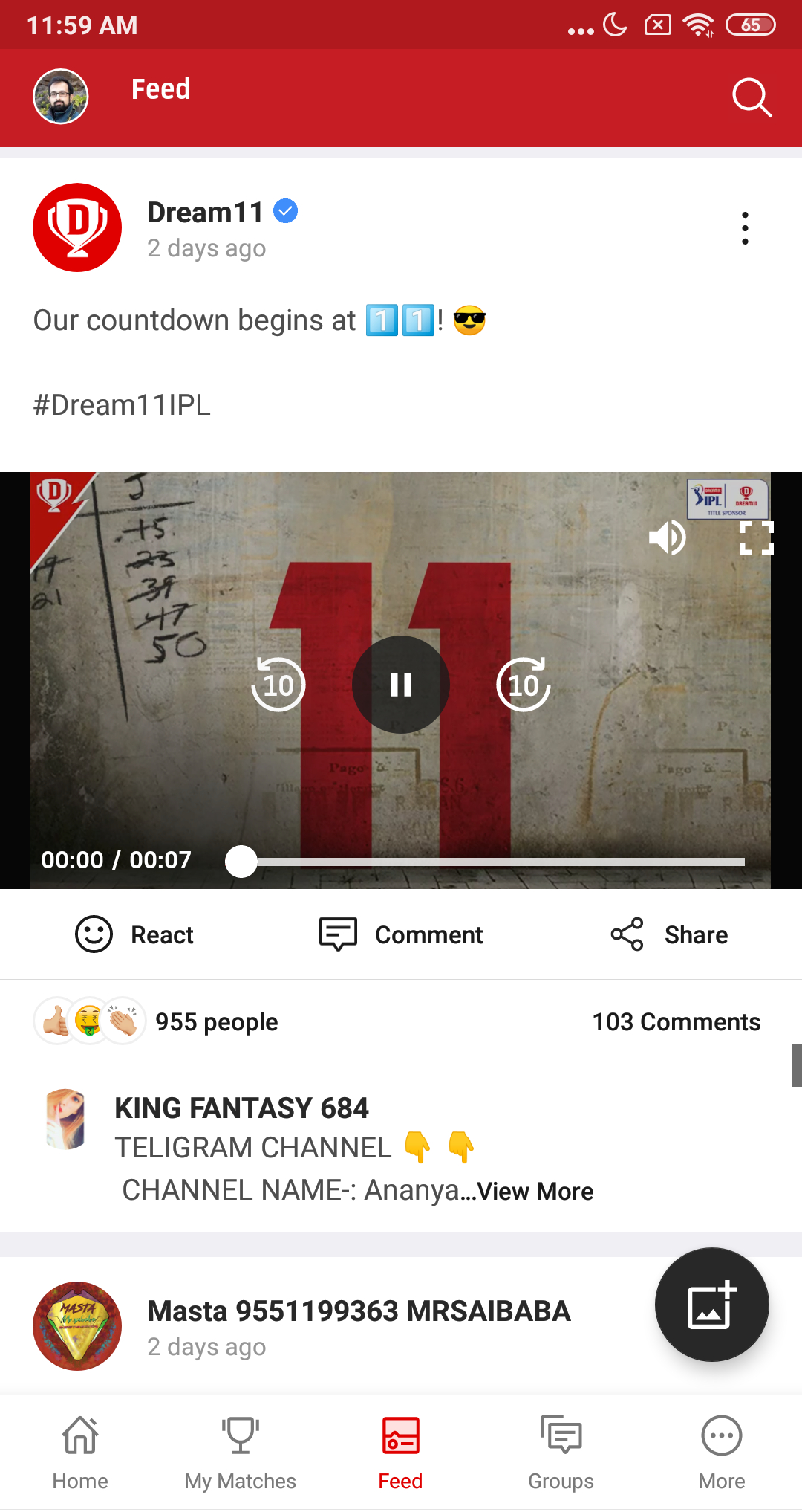 The Dream11 feed with posts from people you follow