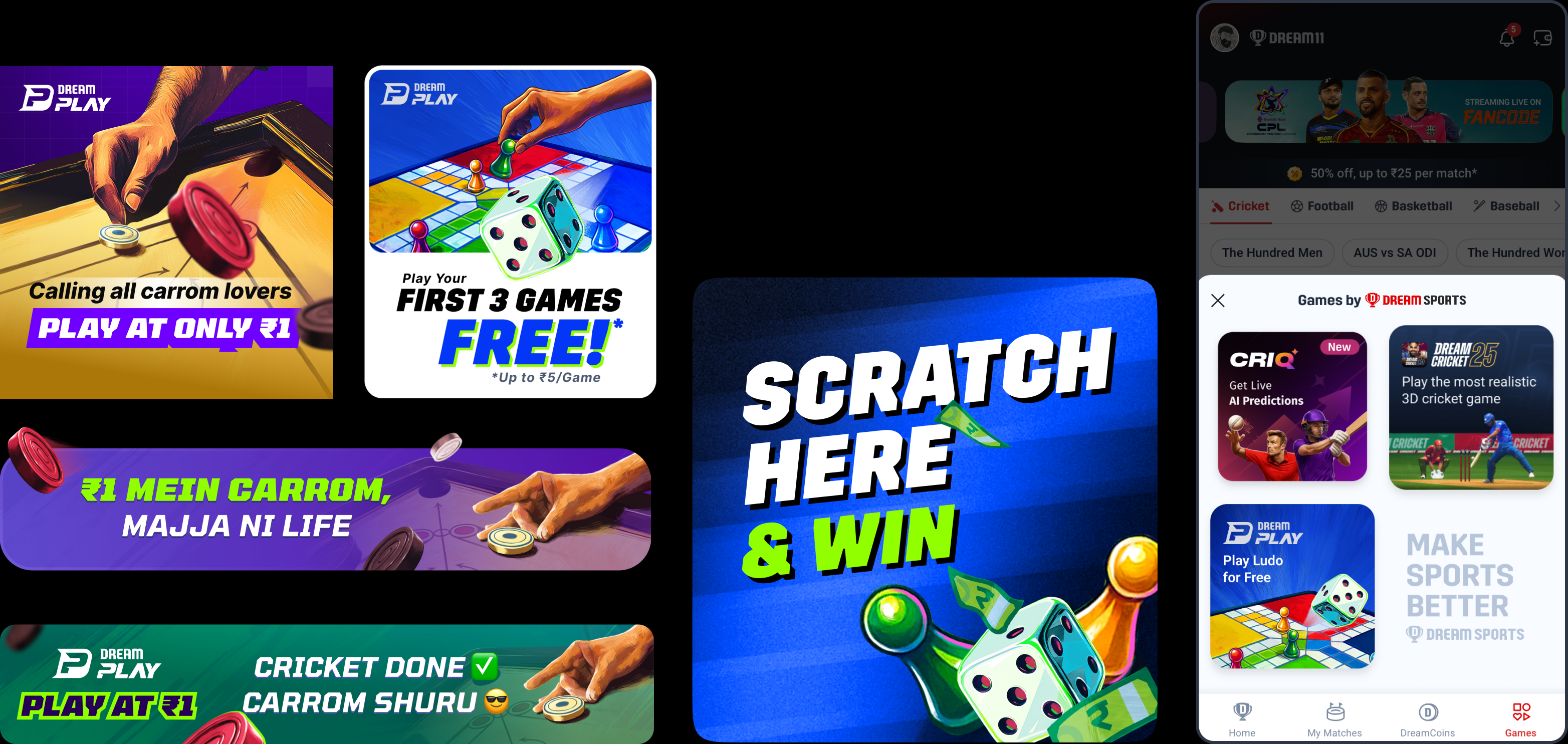 The app inbox, reward cards, a home banner, a leaderboard banner, a scratch card and the Games tab