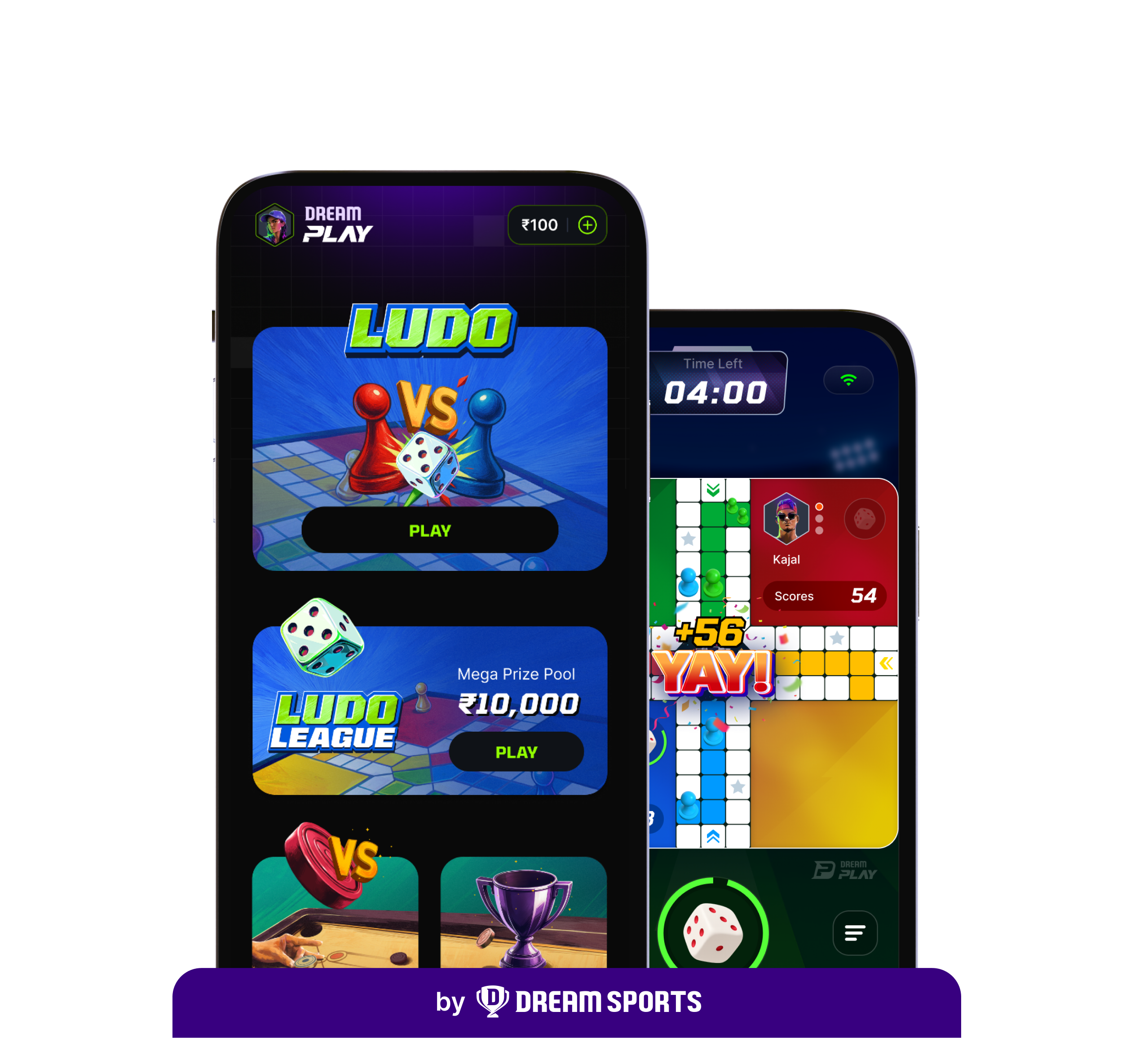 DreamPlay's home screen beside a Ludo match