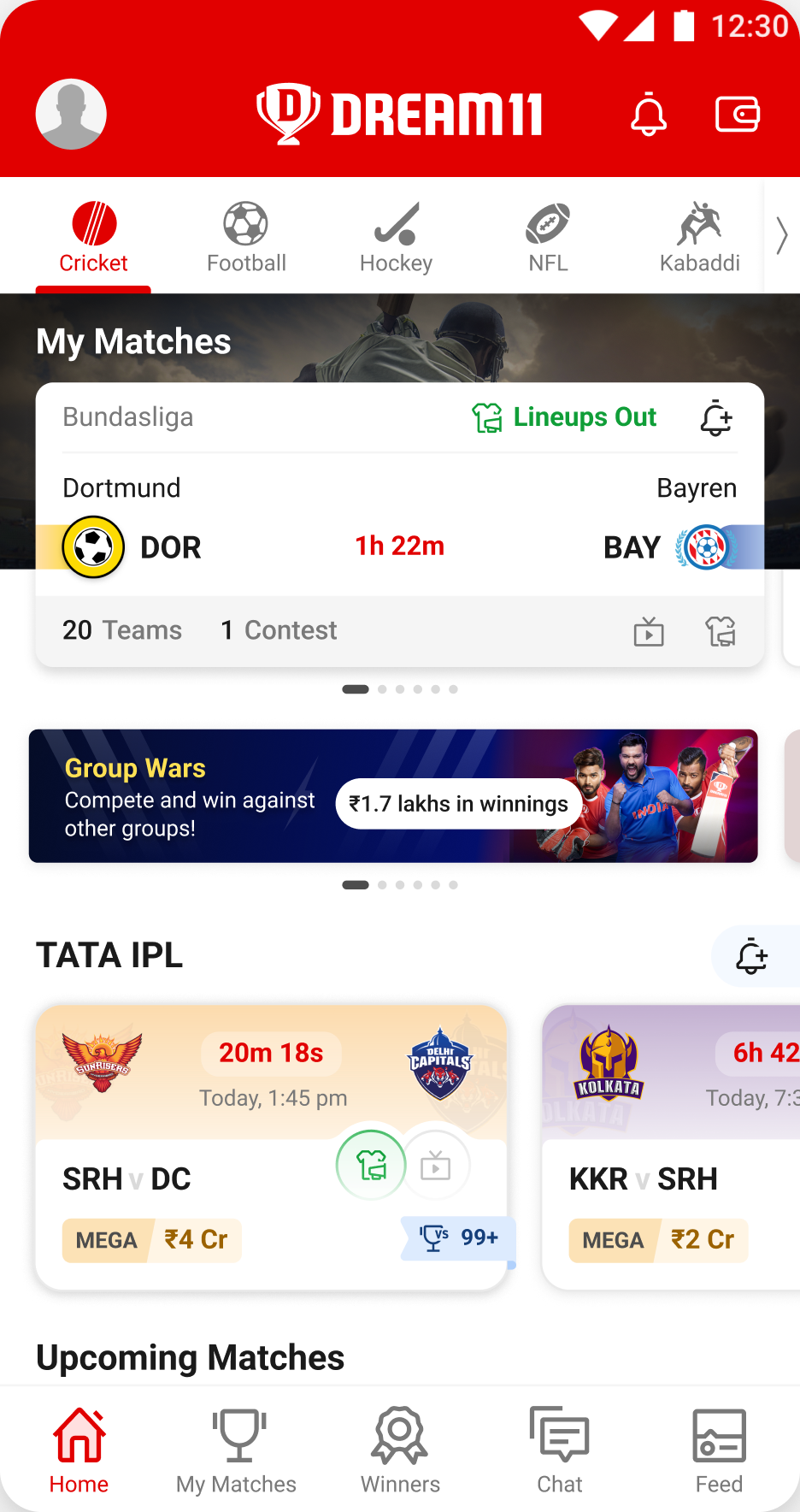 The match list on the Dream11 home screen