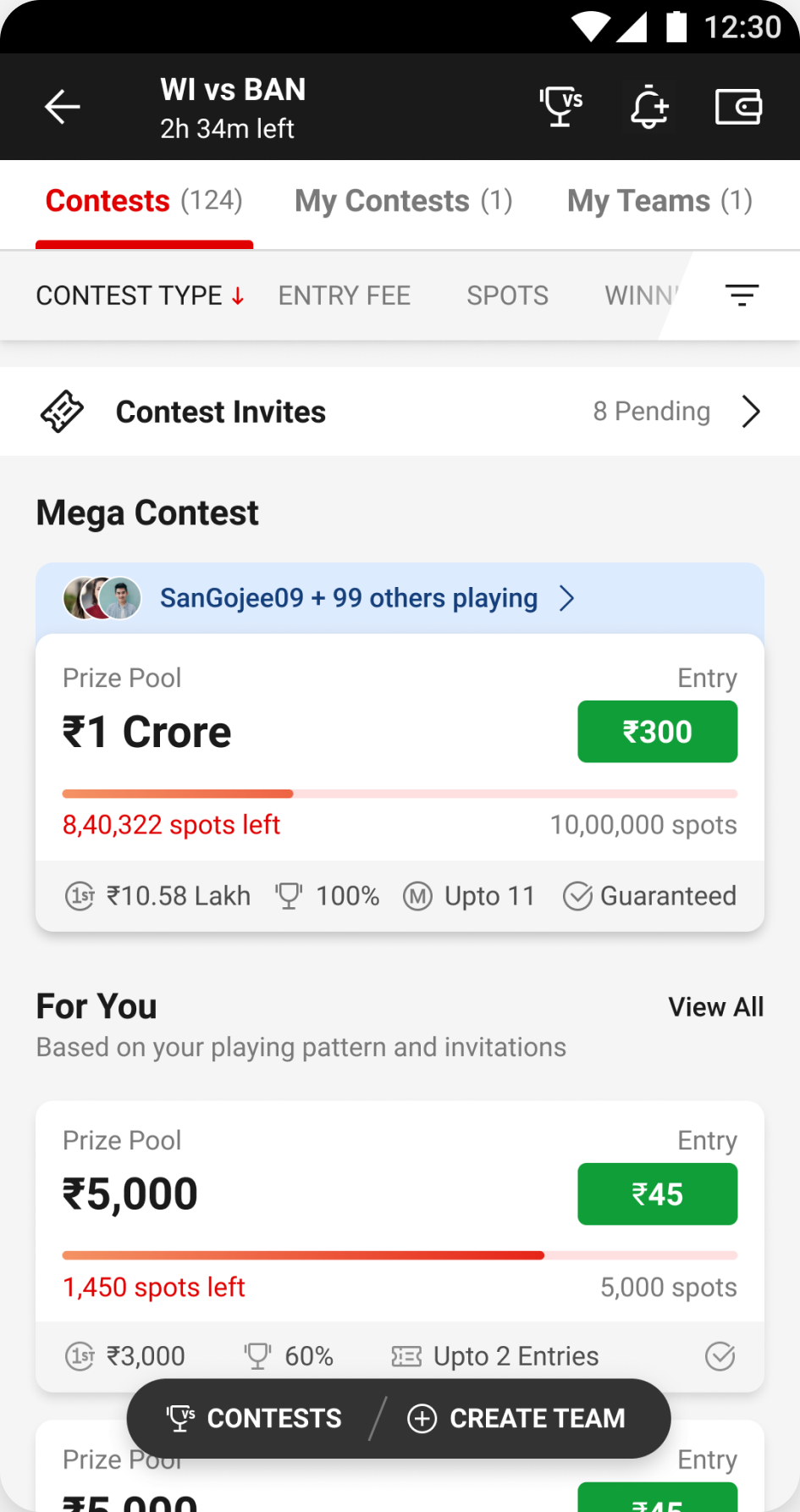 The contest list with entry fees and prize pools