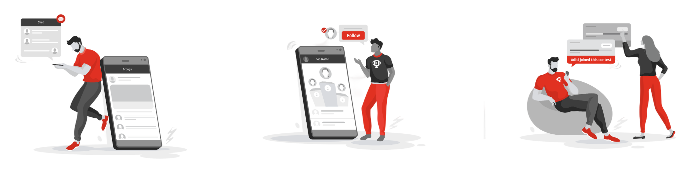 Three illustrations: connecting with friends, building social equity, and playing together