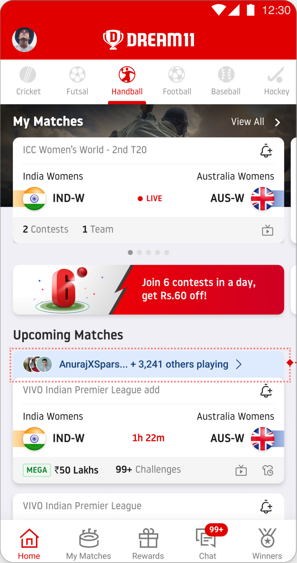 The home screen showing which people in your network have joined a match