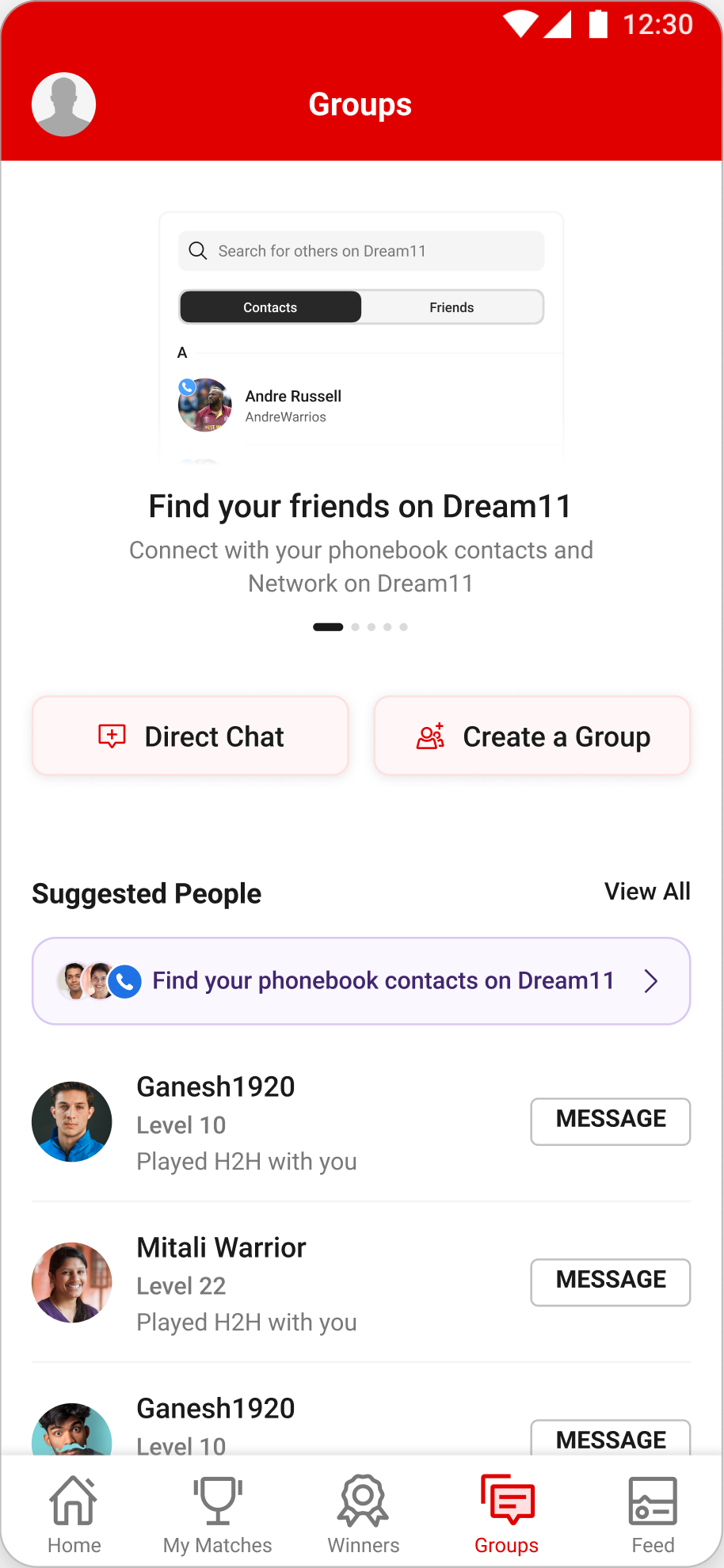 The Groups zero state, nudging you to sync your phonebook