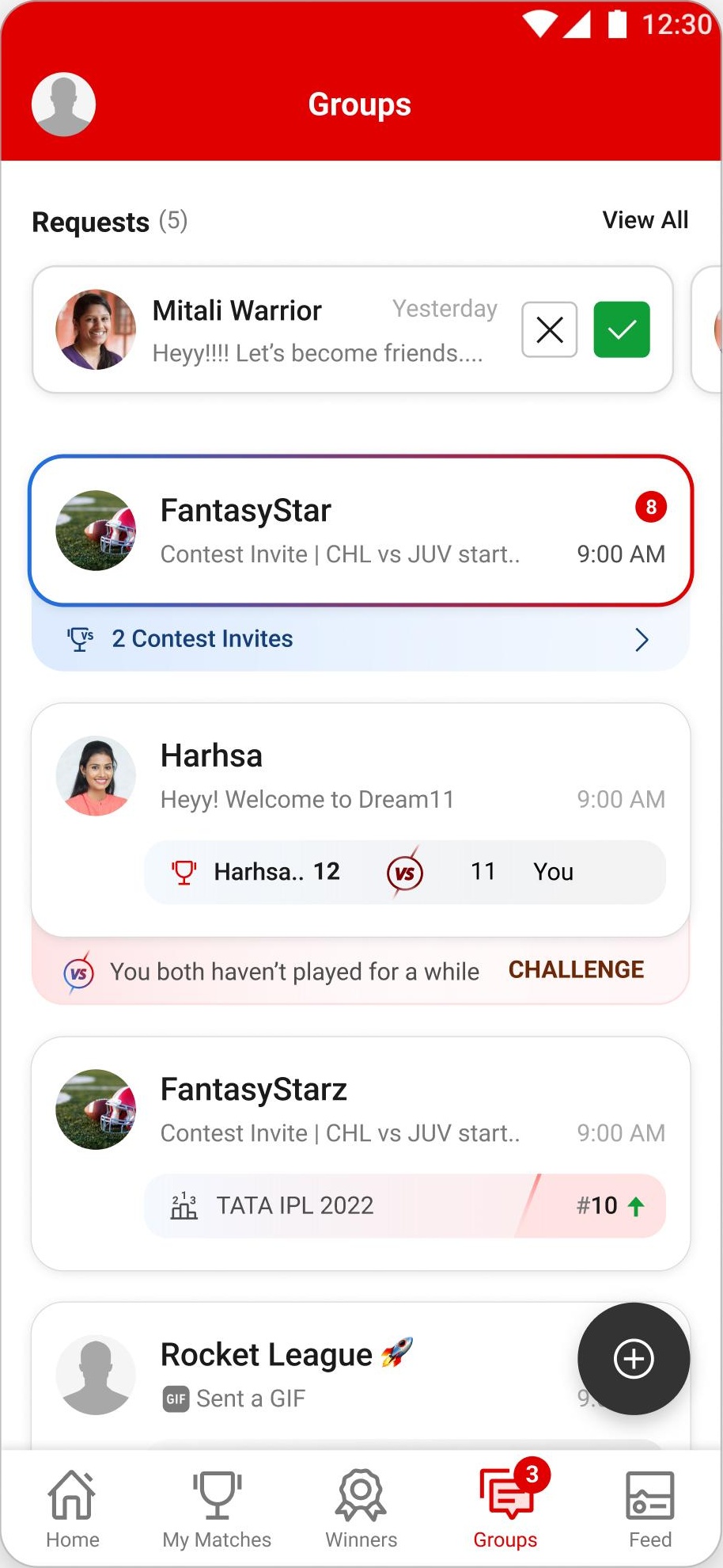 The Groups tab with requests, contest invites and channels