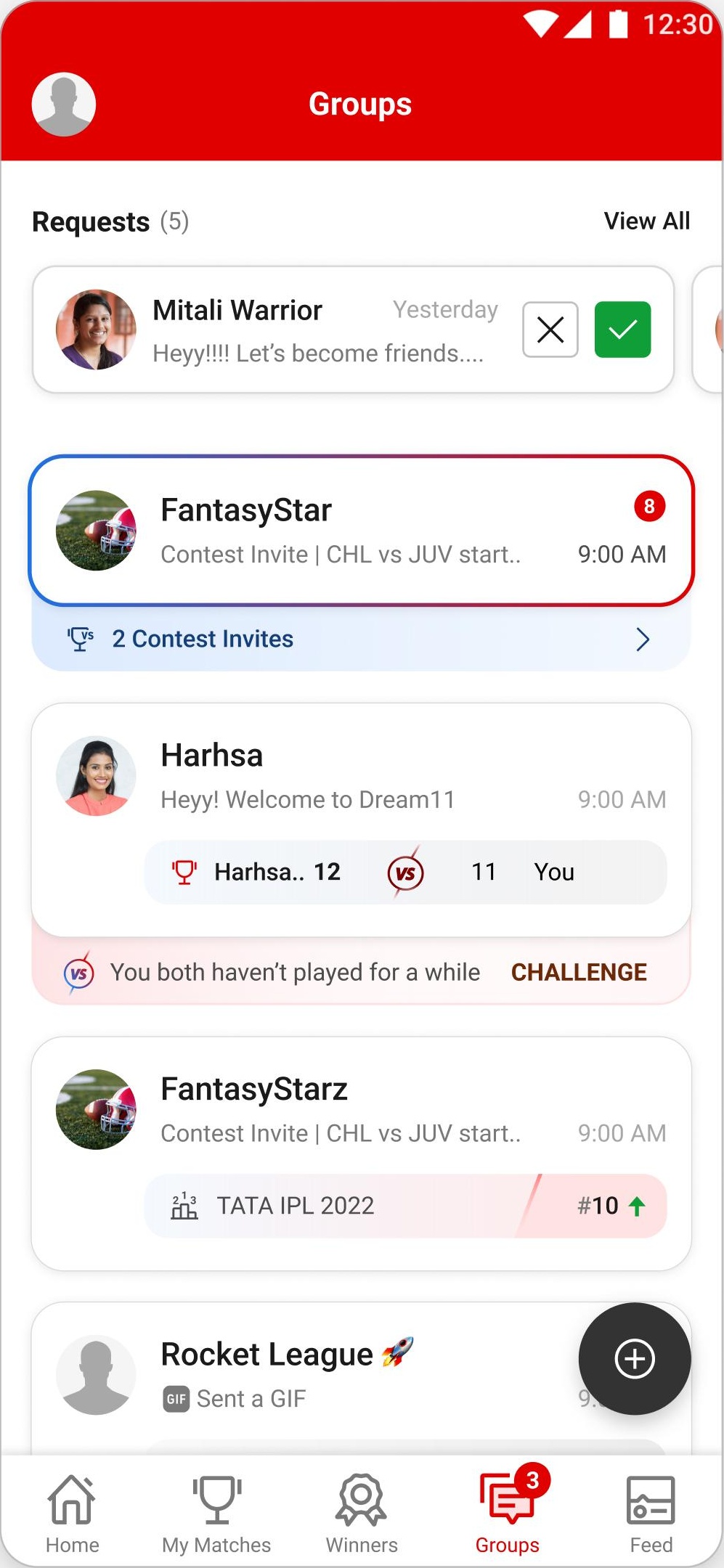 The Groups tab with DM requests, unread channels and the create button
