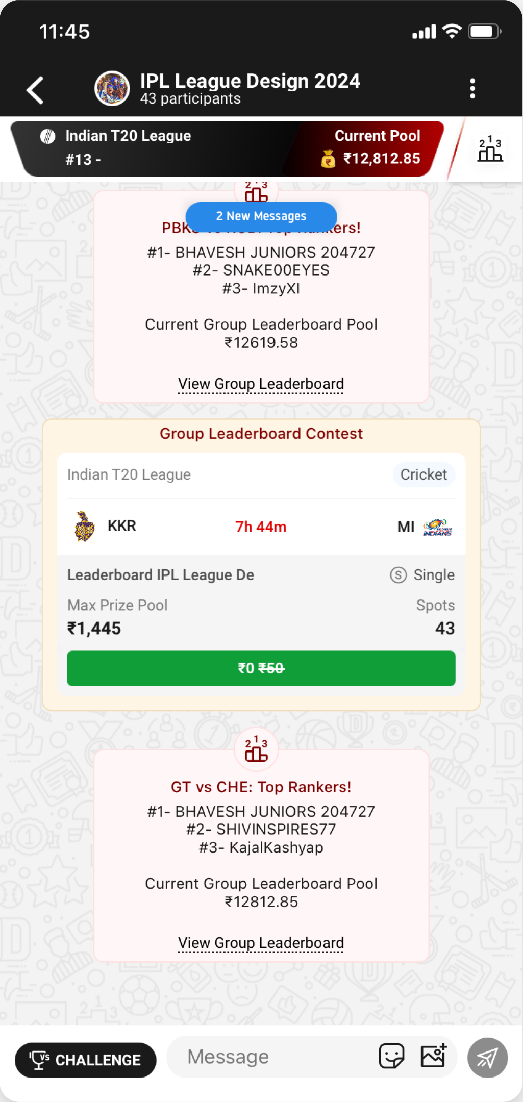 A group thread with a challenge, a leaderboard and shared teams