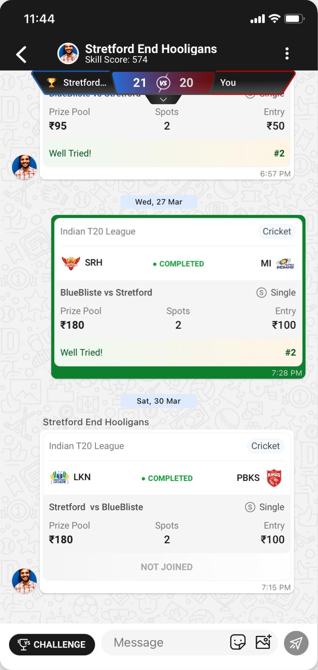 A direct message thread carrying the head to head record and past contests