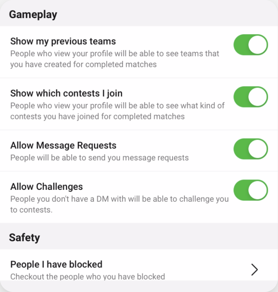 The permissions and controls screen