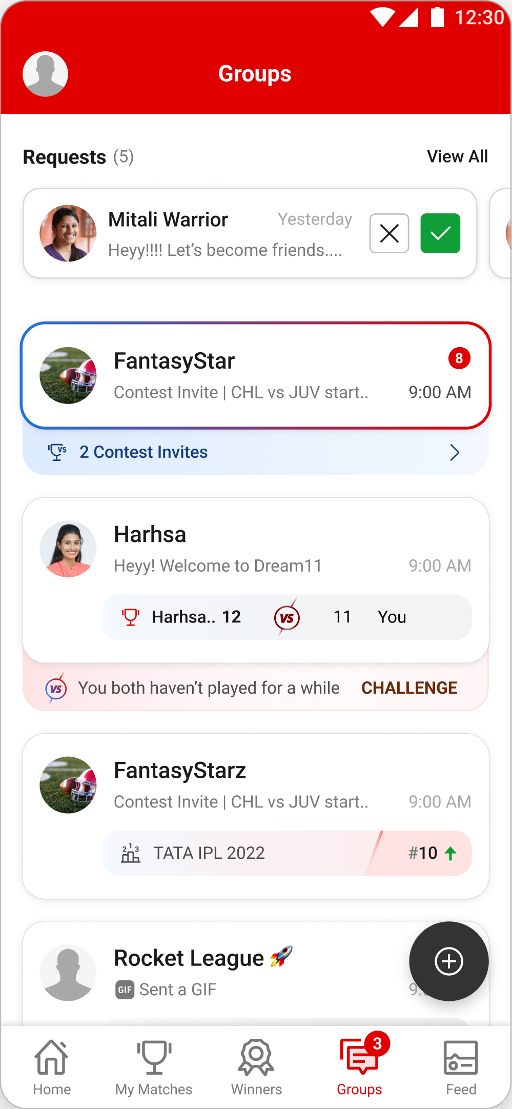 The Groups tab with requests, contest invites and group leaderboard bands